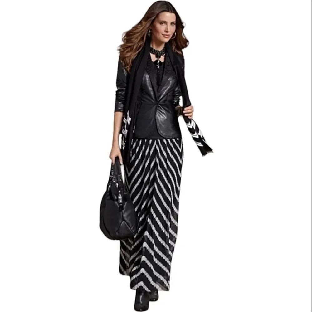 Chico’s 2 L 12 Black White Chevron Print Cheri Maxi Pleated Elastic Waist Skirt